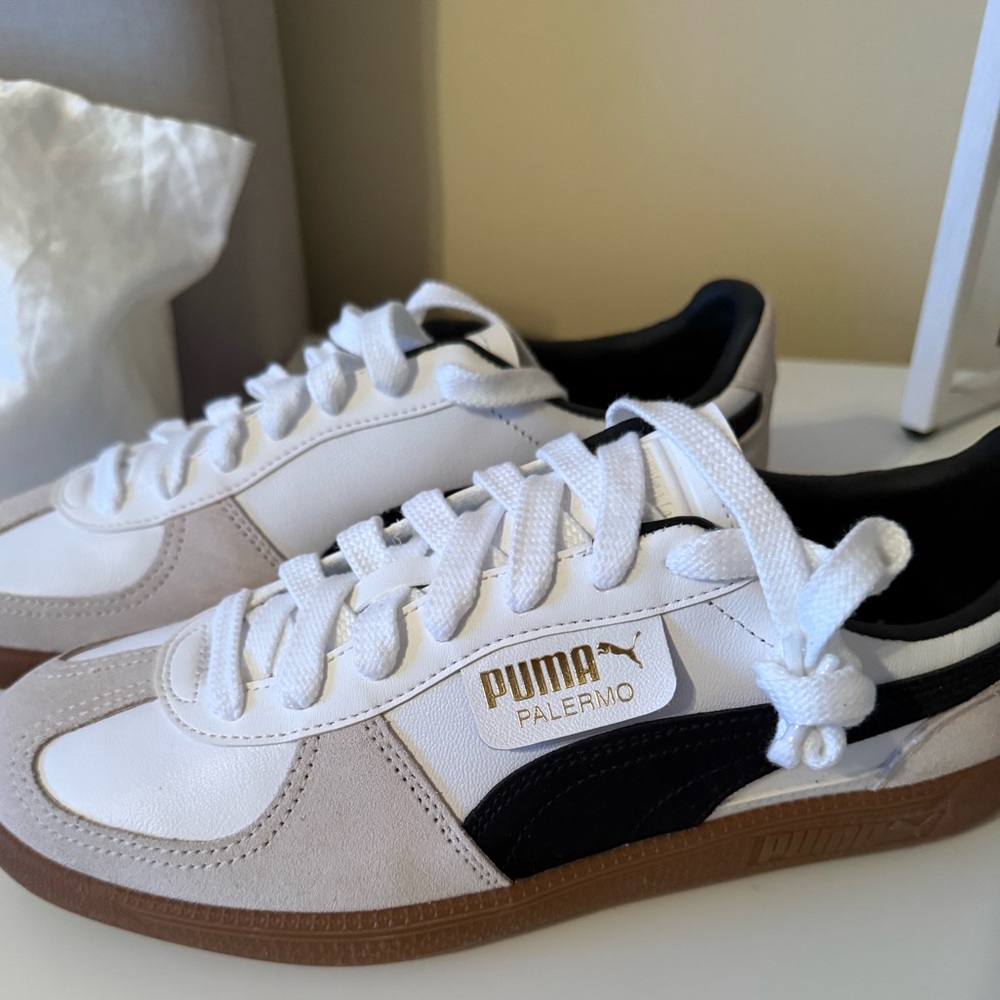 PUMA Palermo Men White and Black Sneakers with Tan Accents